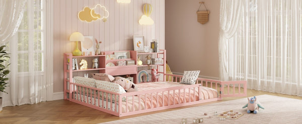 English Elm Full Size Low Profile Pine Wood Floor Bed with Fence Design and Built in Shelving Pink N708P472508H