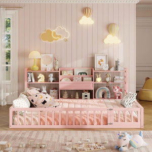 English Elm Full Size Low Profile Pine Wood Floor Bed with Fence Design and Built in Shelving Pink N708P472508H
