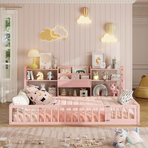 English Elm Full Size Low Profile Pine Wood Floor Bed with Fence Design and Built in Shelving Pink N708P472508H