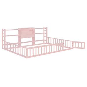 English Elm Full Size Low Profile Pine Wood Floor Bed with Fence Design and Built in Shelving Pink N708P472508H