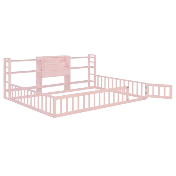 English Elm Full Size Low Profile Pine Wood Floor Bed with Fence Design and Built in Shelving Pink N708P472508H