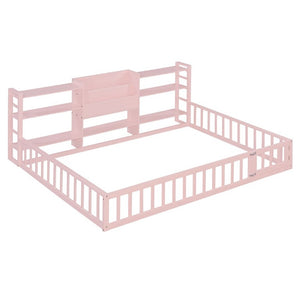 English Elm Full Size Low Profile Pine Wood Floor Bed with Fence Design and Built in Shelving Pink N708P472508H