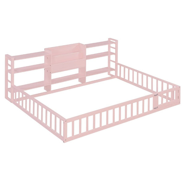 English Elm Full Size Low Profile Pine Wood Floor Bed with Fence Design and Built in Shelving Pink N708P472508H