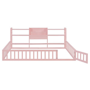 English Elm Full Size Low Profile Pine Wood Floor Bed with Fence Design and Built in Shelving Pink N708P472508H