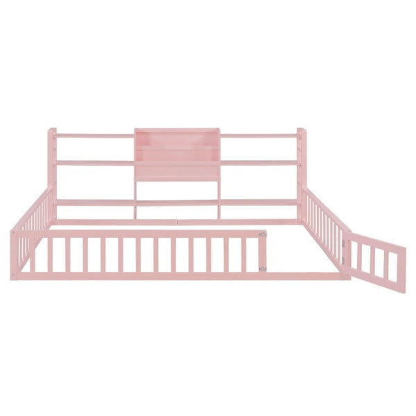 English Elm Full Size Low Profile Pine Wood Floor Bed with Fence Design and Built in Shelving Pink N708P472508H