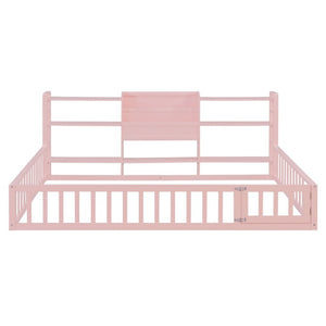 English Elm Full Size Low Profile Pine Wood Floor Bed with Fence Design and Built in Shelving Pink N708P472508H