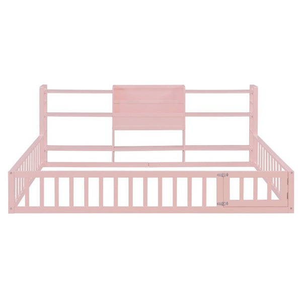 English Elm Full Size Low Profile Pine Wood Floor Bed with Fence Design and Built in Shelving Pink N708P472508H