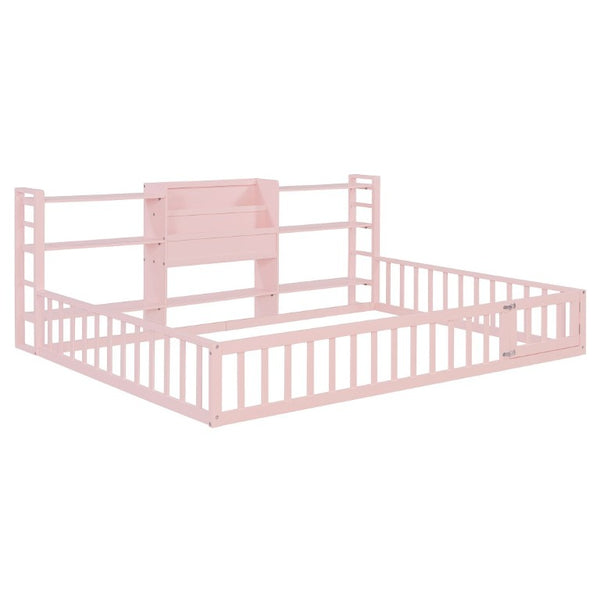 English Elm Full Size Low Profile Pine Wood Floor Bed with Fence Design and Built in Shelving Pink N708P472508H