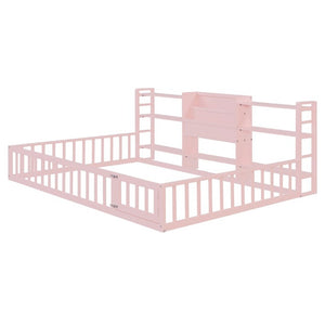 English Elm Full Size Low Profile Pine Wood Floor Bed with Fence Design and Built in Shelving Pink N708P472508H