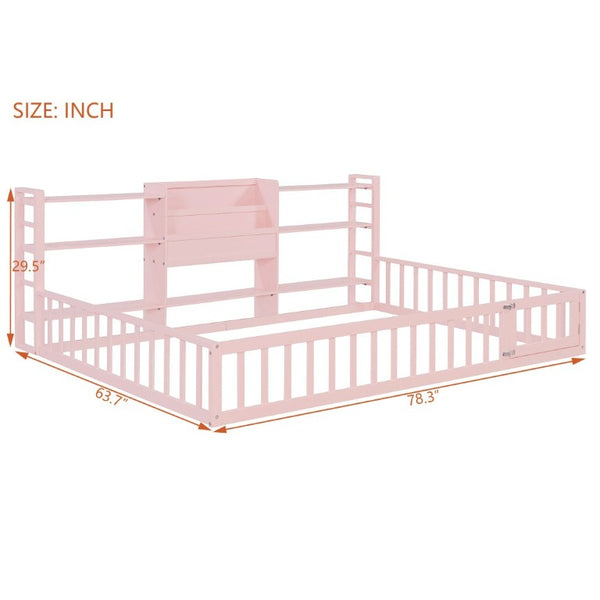 English Elm Full Size Low Profile Pine Wood Floor Bed with Fence Design and Built in Shelving Pink N708P472508H