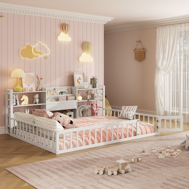 English Elm Full Size Low Profile Pine Wood Floor Bed with Fence Design and Built in Shelving White N708P472508K