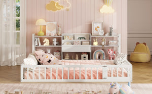 English Elm Full Size Low Profile Pine Wood Floor Bed with Fence Design and Built in Shelving White N708P472508K