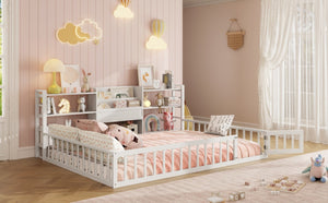 English Elm Full Size Low Profile Pine Wood Floor Bed with Fence Design and Built in Shelving White N708P472508K