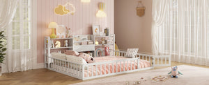 English Elm Full Size Low Profile Pine Wood Floor Bed with Fence Design and Built in Shelving White N708P472508K