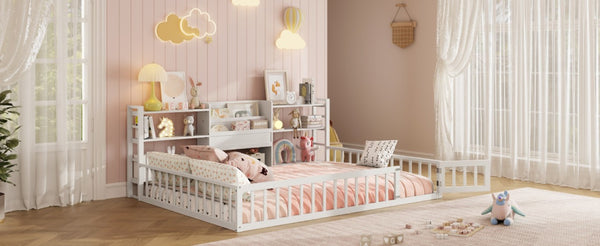 English Elm Full Size Low Profile Pine Wood Floor Bed with Fence Design and Built in Shelving White N708P472508K