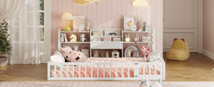 English Elm Full Size Low Profile Pine Wood Floor Bed with Fence Design and Built in Shelving White N708P472508K