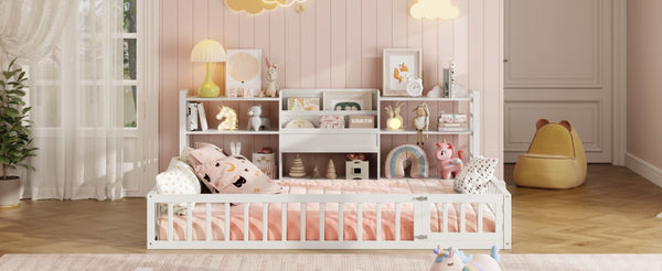English Elm Full Size Low Profile Pine Wood Floor Bed with Fence Design and Built in Shelving White N708P472508K
