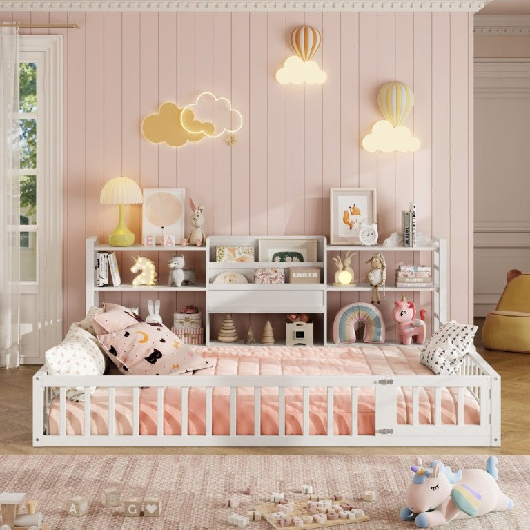 English Elm Full Size Low Profile Pine Wood Floor Bed with Fence Design and Built in Shelving White N708P472508K
