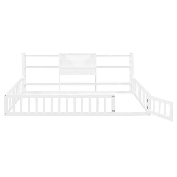 English Elm Full Size Low Profile Pine Wood Floor Bed with Fence Design and Built in Shelving White N708P472508K