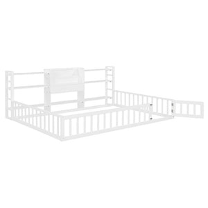 English Elm Full Size Low Profile Pine Wood Floor Bed with Fence Design and Built in Shelving White N708P472508K