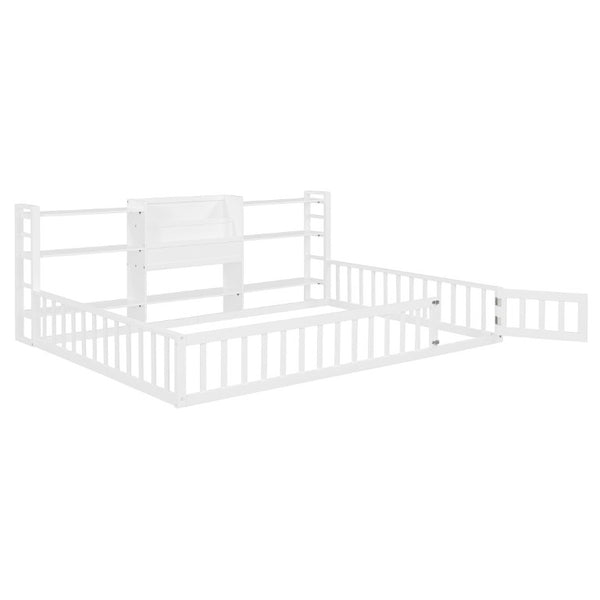 English Elm Full Size Low Profile Pine Wood Floor Bed with Fence Design and Built in Shelving White N708P472508K