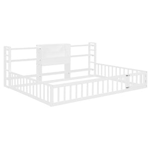 English Elm Full Size Low Profile Pine Wood Floor Bed with Fence Design and Built in Shelving White N708P472508K