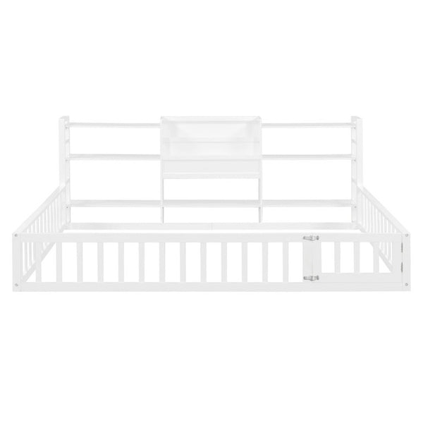 English Elm Full Size Low Profile Pine Wood Floor Bed with Fence Design and Built in Shelving White N708P472508K