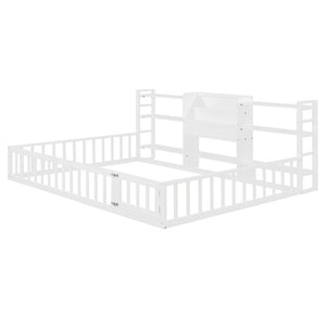 English Elm Full Size Low Profile Pine Wood Floor Bed with Fence Design and Built in Shelving White N708P472508K