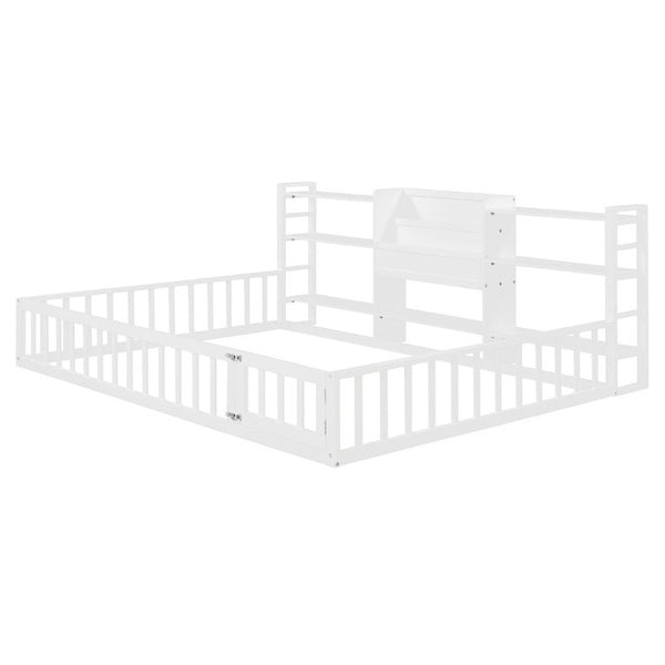 English Elm Full Size Low Profile Pine Wood Floor Bed with Fence Design and Built in Shelving White N708P472508K