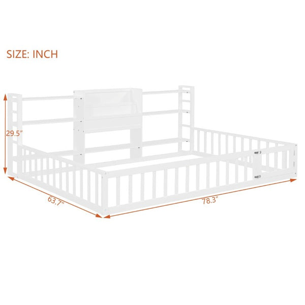 English Elm Full Size Low Profile Pine Wood Floor Bed with Fence Design and Built in Shelving White N708P472508K