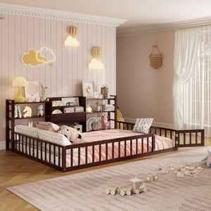 English Elm Full Size Low Profile Pine Wood Floor Bed with Fence Design and Built in Shelving Espresso N708P472508P