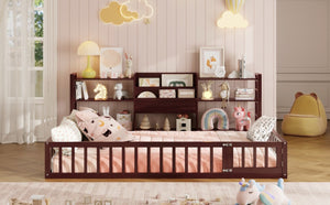 English Elm Full Size Low Profile Pine Wood Floor Bed with Fence Design and Built in Shelving Espresso N708P472508P