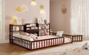 English Elm Full Size Low Profile Pine Wood Floor Bed with Fence Design and Built in Shelving Espresso N708P472508P