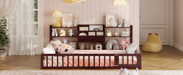 English Elm Full Size Low Profile Pine Wood Floor Bed with Fence Design and Built in Shelving Espresso N708P472508P