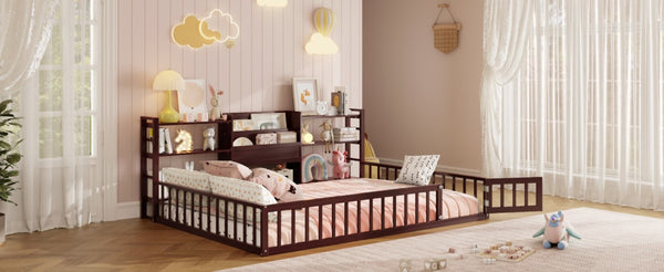 English Elm Full Size Low Profile Pine Wood Floor Bed with Fence Design and Built in Shelving Espresso N708P472508P
