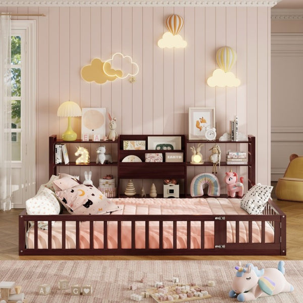 English Elm Full Size Low Profile Pine Wood Floor Bed with Fence Design and Built in Shelving Espresso N708P472508P