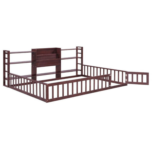 English Elm Full Size Low Profile Pine Wood Floor Bed with Fence Design and Built in Shelving Espresso N708P472508P