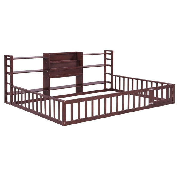 English Elm Full Size Low Profile Pine Wood Floor Bed with Fence Design and Built in Shelving Espresso N708P472508P