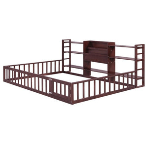 English Elm Full Size Low Profile Pine Wood Floor Bed with Fence Design and Built in Shelving Espresso N708P472508P