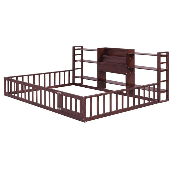 English Elm Full Size Low Profile Pine Wood Floor Bed with Fence Design and Built in Shelving Espresso N708P472508P