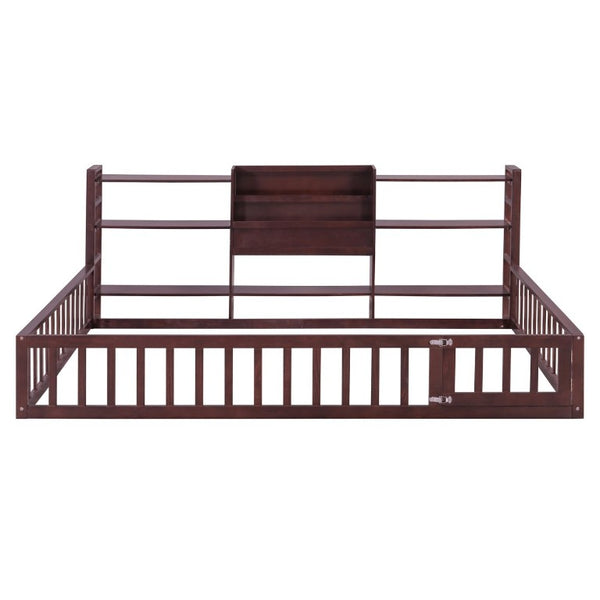 English Elm Full Size Low Profile Pine Wood Floor Bed with Fence Design and Built in Shelving Espresso N708P472508P