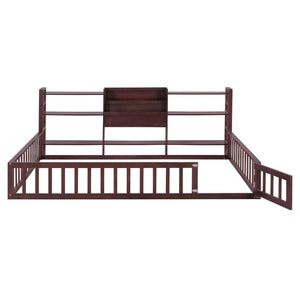 English Elm Full Size Low Profile Pine Wood Floor Bed with Fence Design and Built in Shelving Espresso N708P472508P