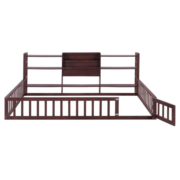 English Elm Full Size Low Profile Pine Wood Floor Bed with Fence Design and Built in Shelving Espresso N708P472508P