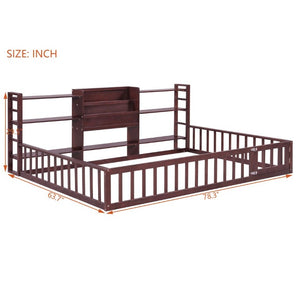 English Elm Full Size Low Profile Pine Wood Floor Bed with Fence Design and Built in Shelving Espresso N708P472508P