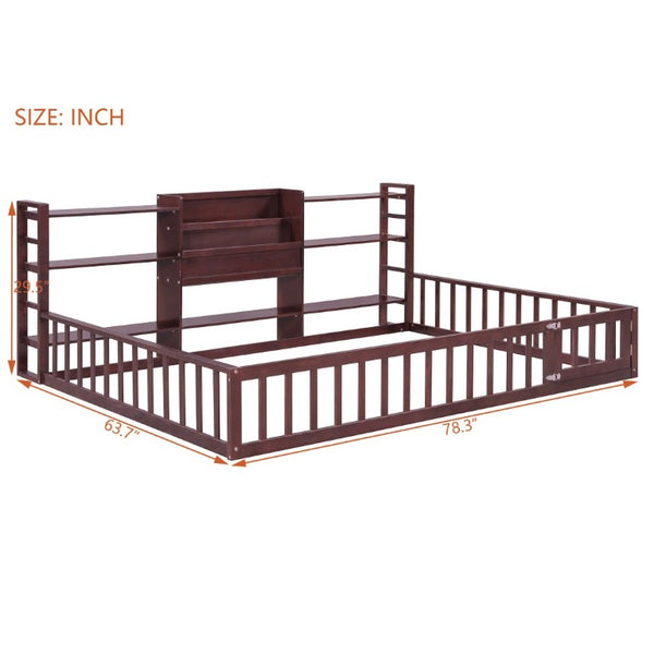 English Elm Full Size Low Profile Pine Wood Floor Bed with Fence Design and Built in Shelving Espresso N708P472508P
