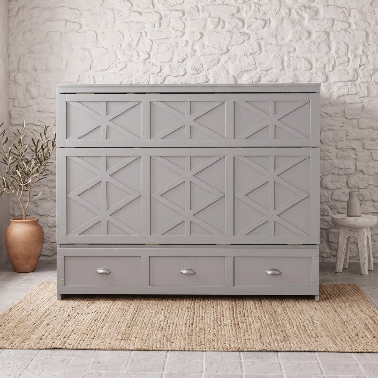 English Elm Full Size Murphy Bed Cabinet with Storage Drawers USB Ports and Panel Front Design Gray N708S00001E-1