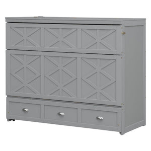 English Elm Full Size Murphy Bed Cabinet with Storage Drawers USB Ports and Panel Front Design Gray N708S00001E-1