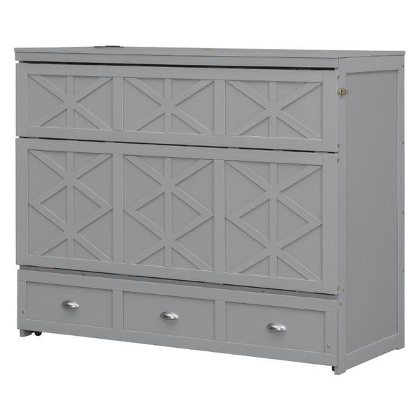 English Elm Full Size Murphy Bed Cabinet with Storage Drawers USB Ports and Panel Front Design Gray N708S00001E-1