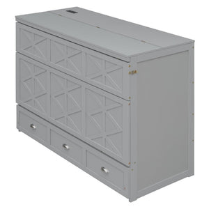 English Elm Full Size Murphy Bed Cabinet with Storage Drawers USB Ports and Panel Front Design Gray N708S00001E-1