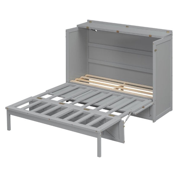 English Elm Full Size Murphy Bed Cabinet with Storage Drawers USB Ports and Panel Front Design Gray N708S00001E-1